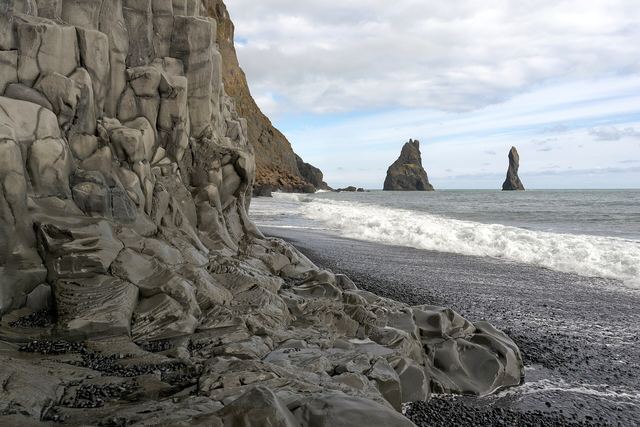 Reynisdrangar sea stacks seen from Reynisfjara black sand beach, Iceland